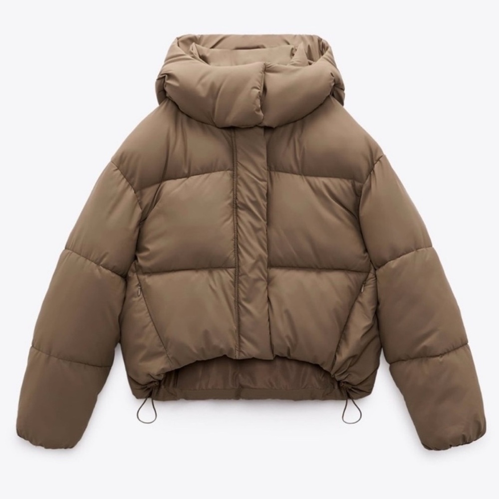 Zara Women's beige rubberized cropped puffer